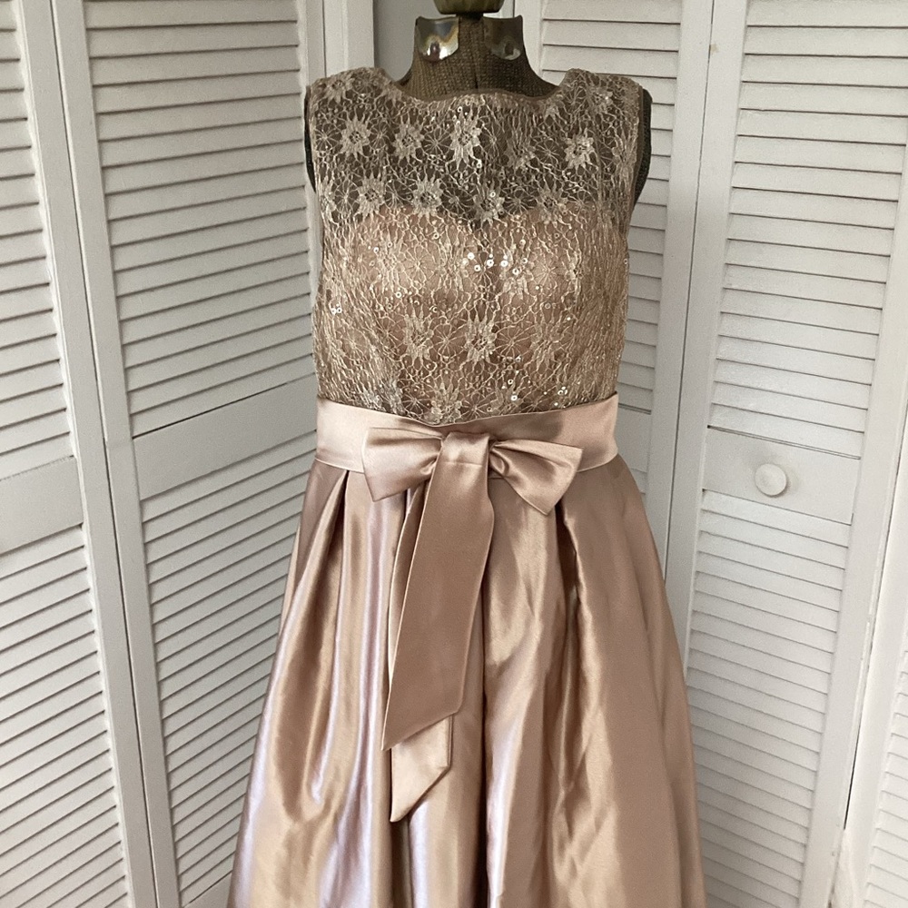 High low tan bridesmaid and mother of the bride dress